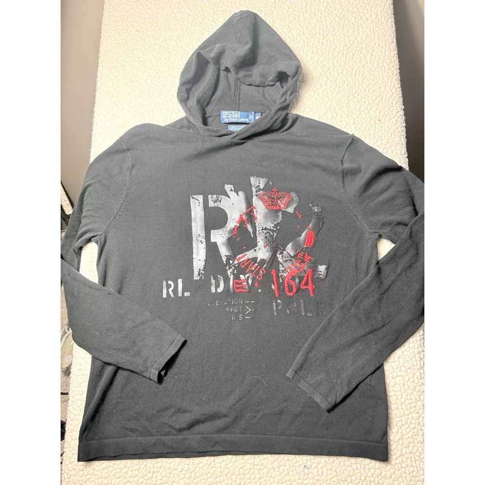 Ralph Lauren Polo Graphic Spell Out Red Logo Lightweight Black Hoodie Men M NICE